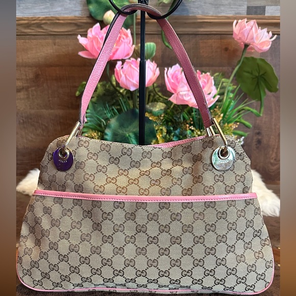 Gucci GG canvas handbag in beige, pink and leather - Picture 1 of 17